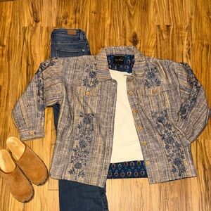 Young Threads women’s XL jacket coat Blue Tan stripe Embroidered button up NWT